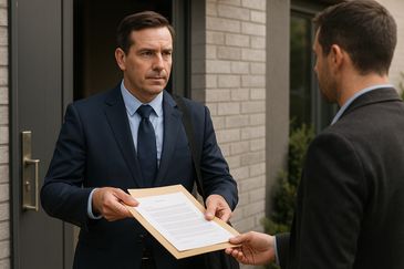 Process server delivers legal documents at a modern home, professionalism, and legal services.