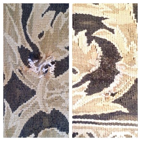 Two close-up images show damage on a patterned fabric or rug.