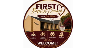 Logo for First Baptist Church welcoming all with core values and pastor's name.