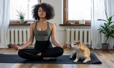 Woman doing Yoga at Home with Dog