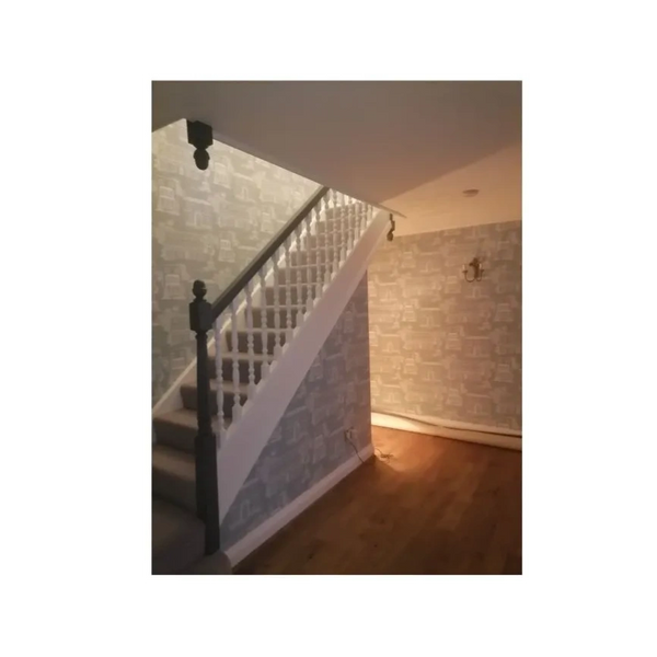 hall, stairs & landing wallpaper hung, Newly painted woodwork with a white/grey combo.