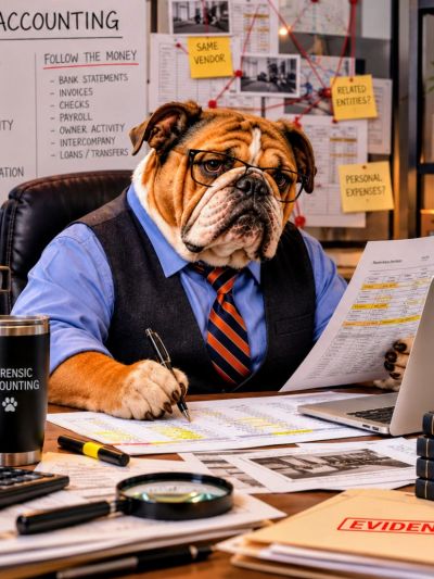 Bulldog dressed as accountant reviewing documents.