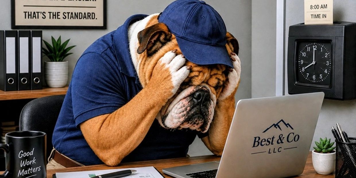 Dog in work clothes stressed at desk.