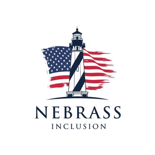 Arabic Immigration Lighthouse immigration law administrative support no legal advice with American flag and text 'Nebrass Inclusion'.