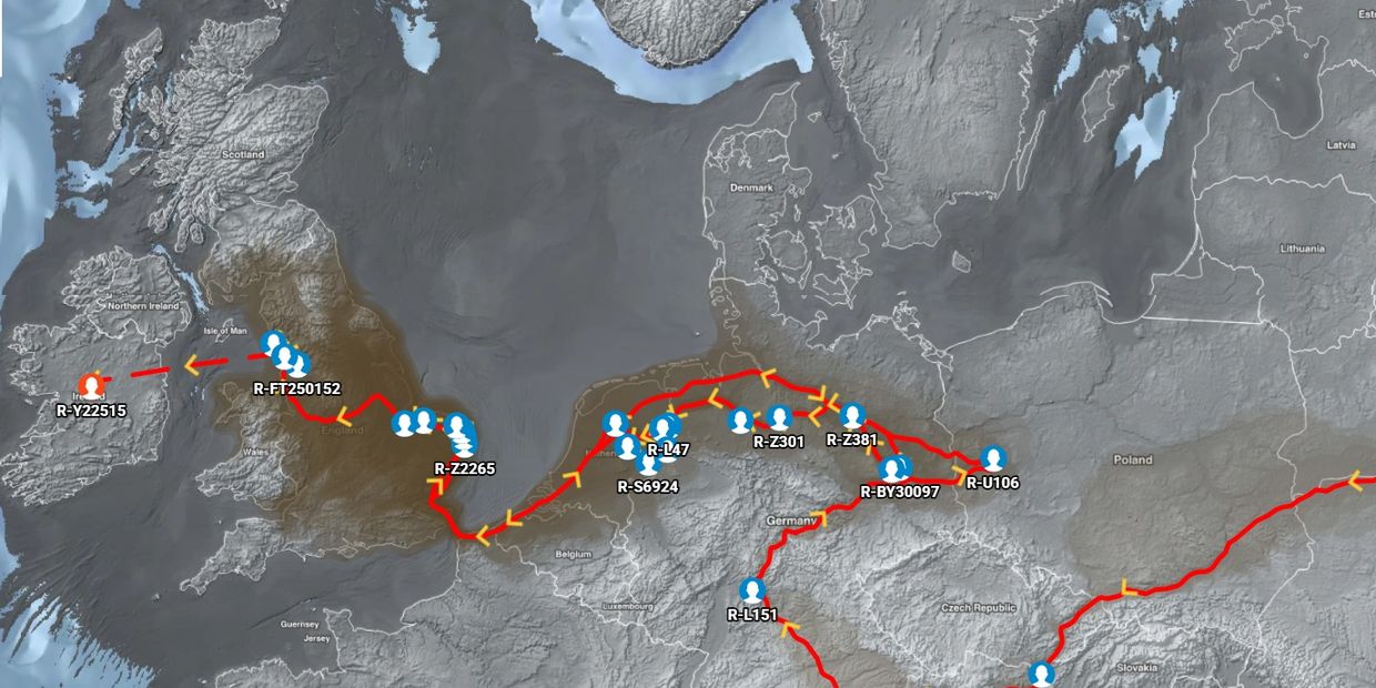 Map showing migration routes across Europe with labeled points and arrows.