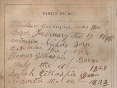 Old family record listing births of Gillaspie family members in 1800s.