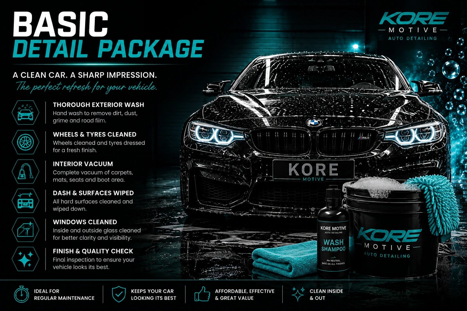 Kore Motive Basic Detail Package for car cleaning and maintenance.
