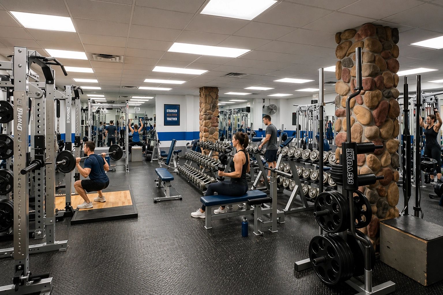 People exercising with weights in a well-equipped gym.