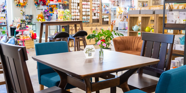 Cafe dining area of table and chairs.