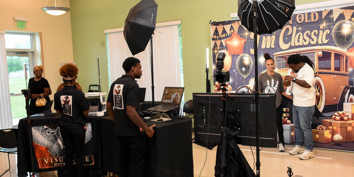 Photography studio setup with family portrait session.