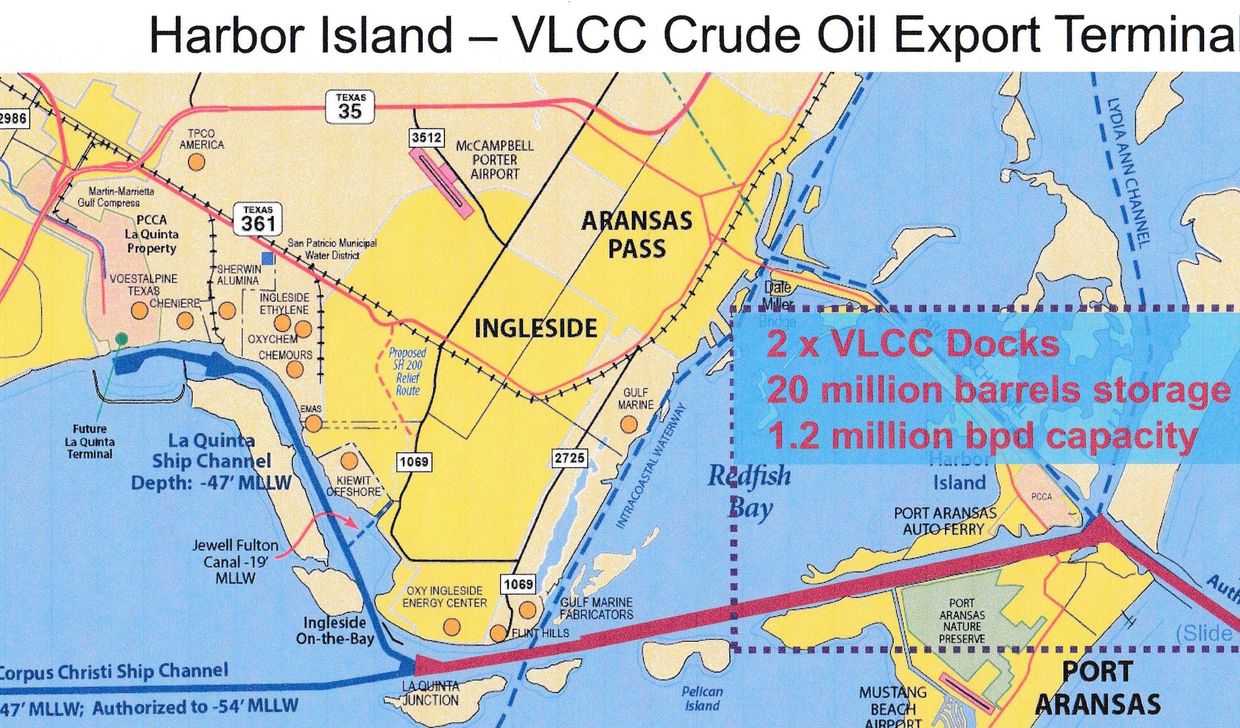 Map showing Harbor Island VLCC Crude Oil Export Terminal and nearby areas including Ingleside and Port Aransas.