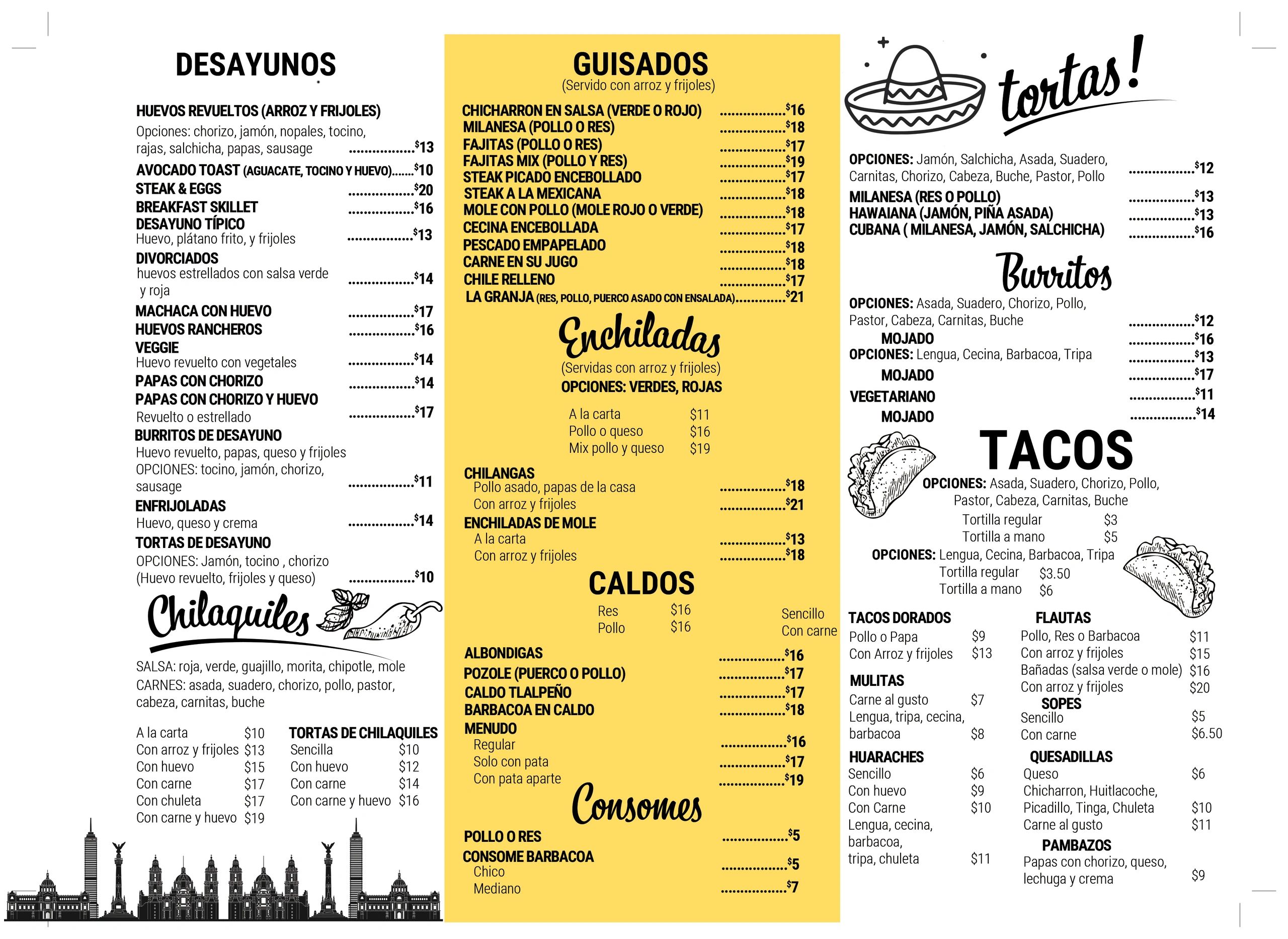 Menu featuring Mexican breakfast, stews, tortas, burritos, tacos, and traditional dishes with prices.