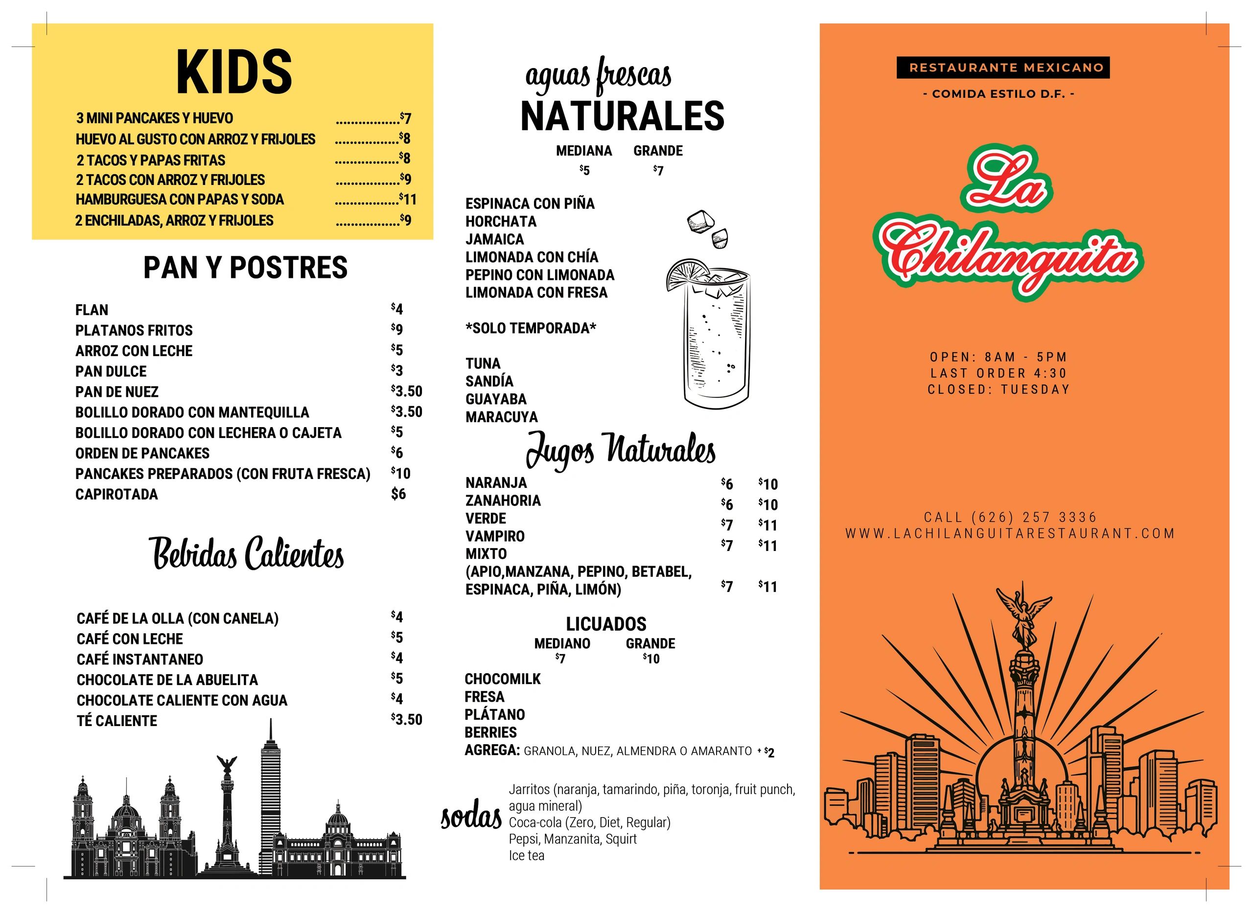 Menu from La Chilanguita Mexican restaurant featuring kids meals, desserts, hot drinks, and fresh natural juices.