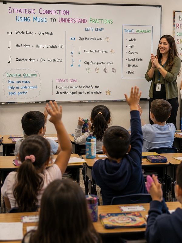Teacher using music to teach fractions in classroom.