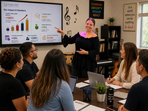 Woman presenting data to colleagues in a meeting room.