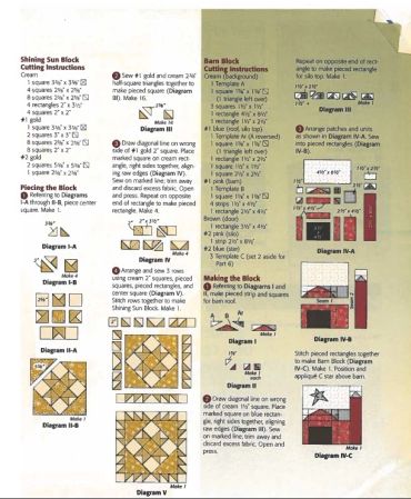 Step-by-step quilting block instructions with diagrams and measurements.