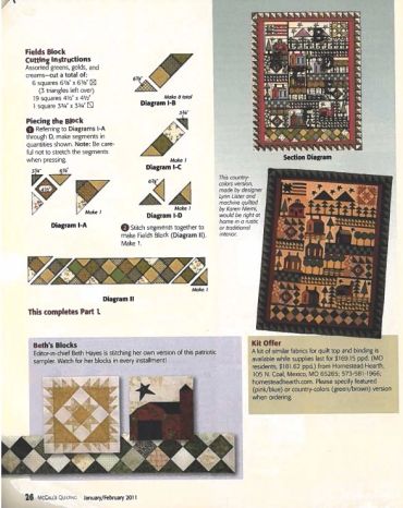 Quilt block cutting instructions and patterns with completed design examples.