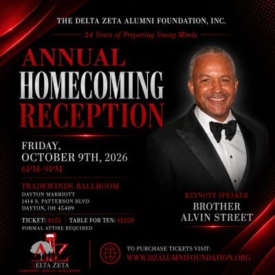 Flyer for Delta Zeta Alumni Foundation's 2026 Homecoming Reception event.