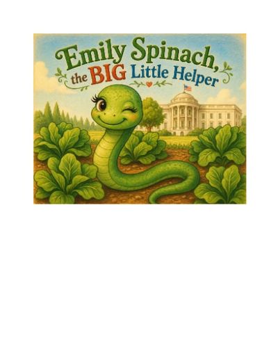 Illustration of a winking snake named Emily Spinach in a spinach patch with the White House in the background.