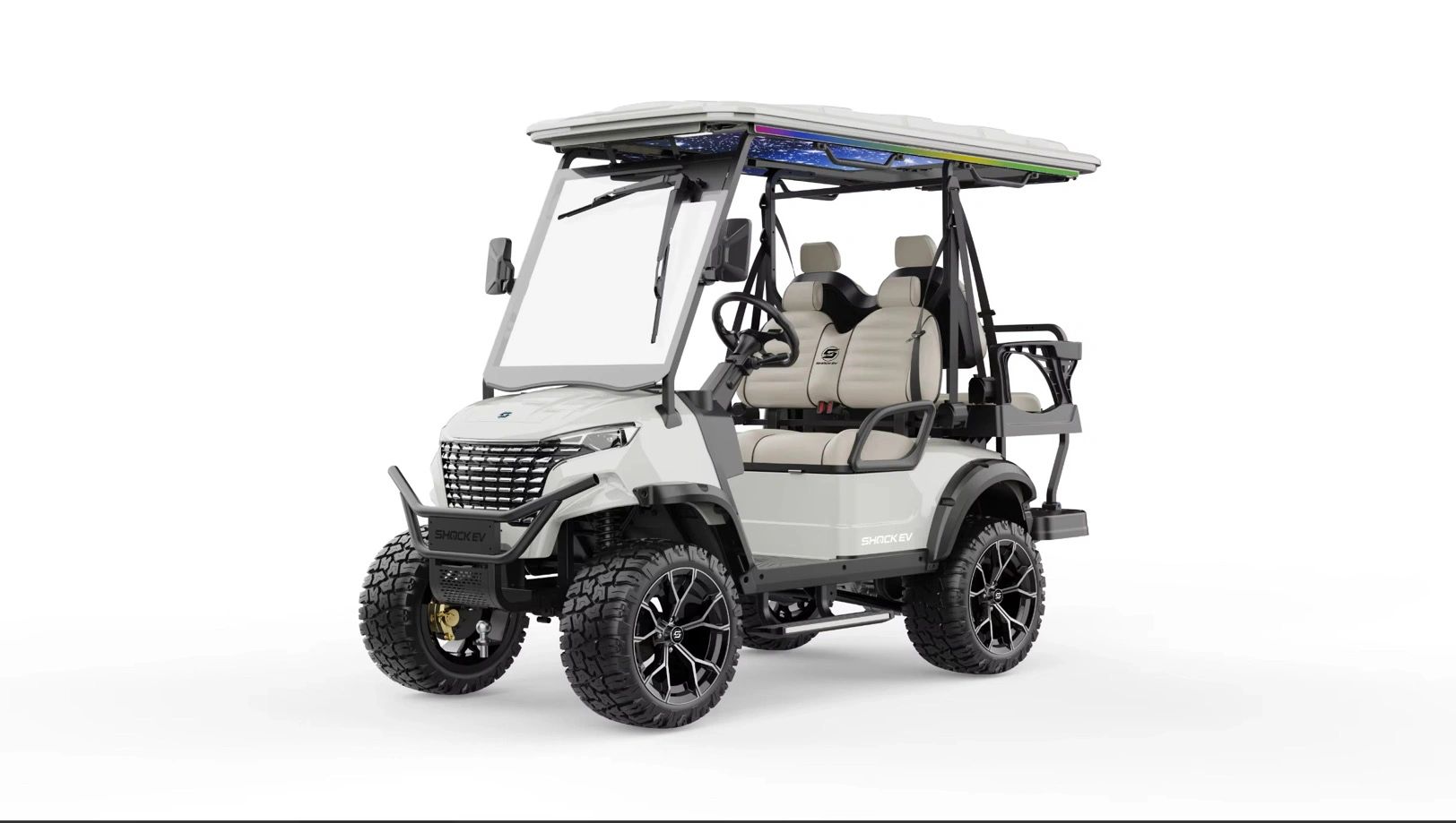 White golf cart with rugged tires and beige seats.