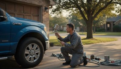 Man in coveralls spray painting a blue truck in a driveway.