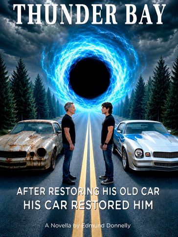Two men face each other with old and restored cars and a glowing blue portal in the background.