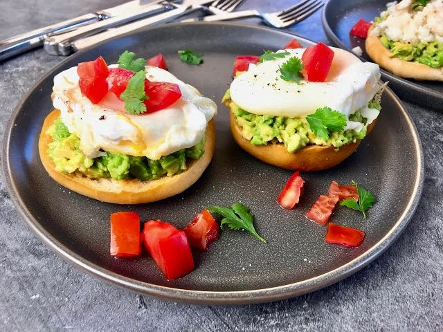Mini Avocado Bagels with Poached Eggs (or Scrambled Whites) on a gray plate 