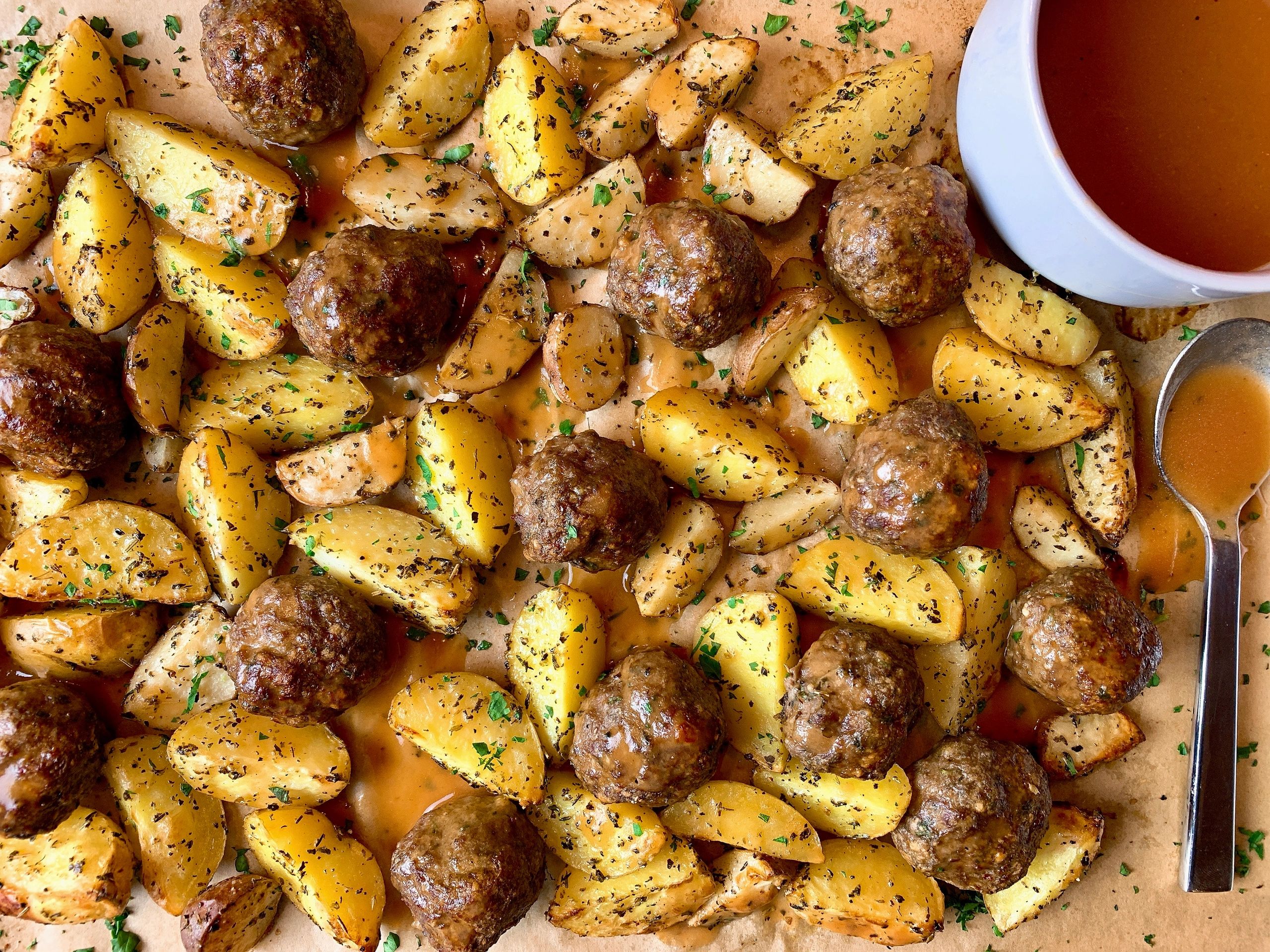 Sheet Pan Meatballs and Potatoes with Gravy