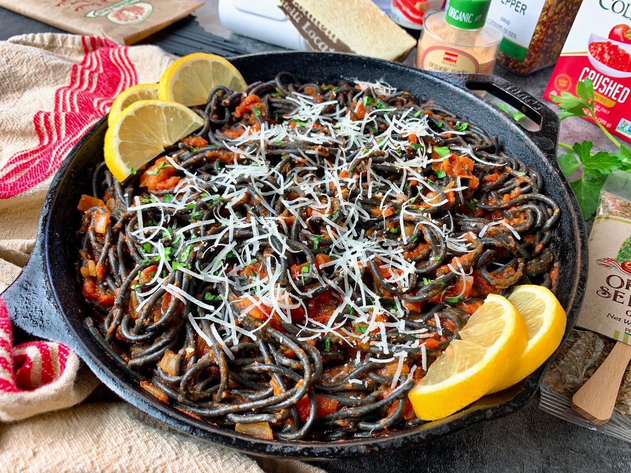 Squid Ink Pasta with Fiery Tomato Sauce