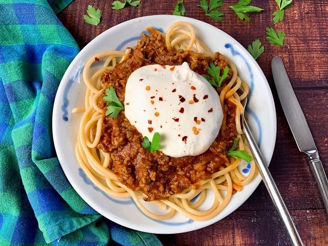 Pasta with Meat Sauce and Burrata