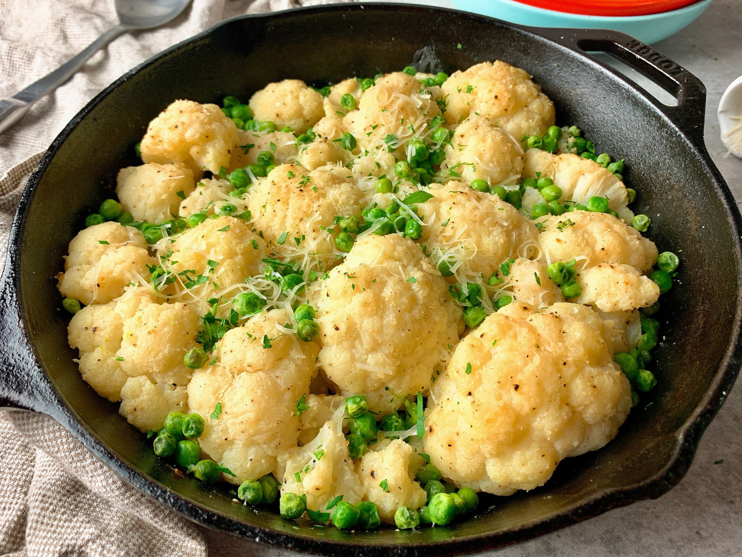 Parmesan Garlic Cauliflower and Peas