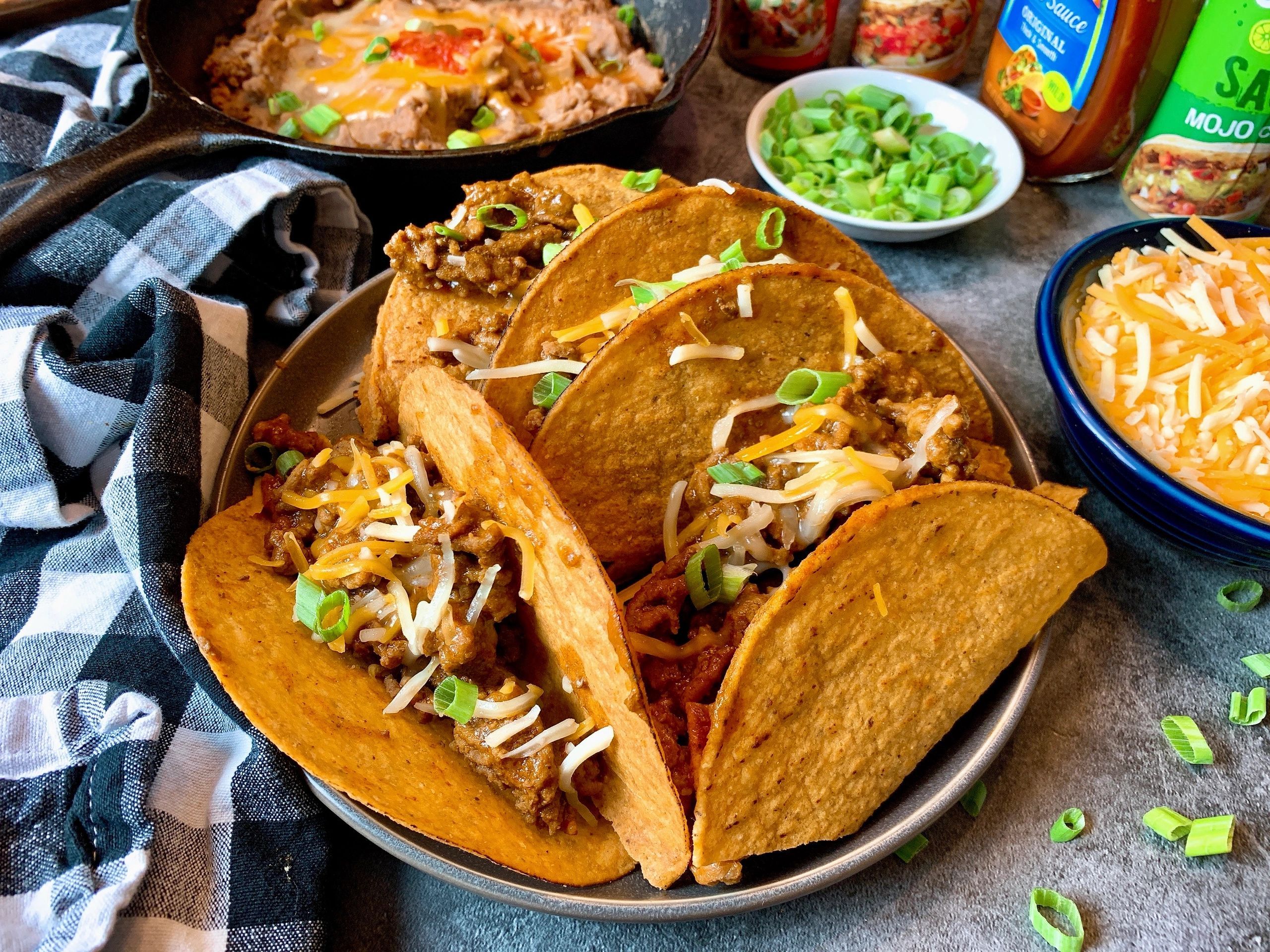 Beef Tacos with Cheesy Refried Beans