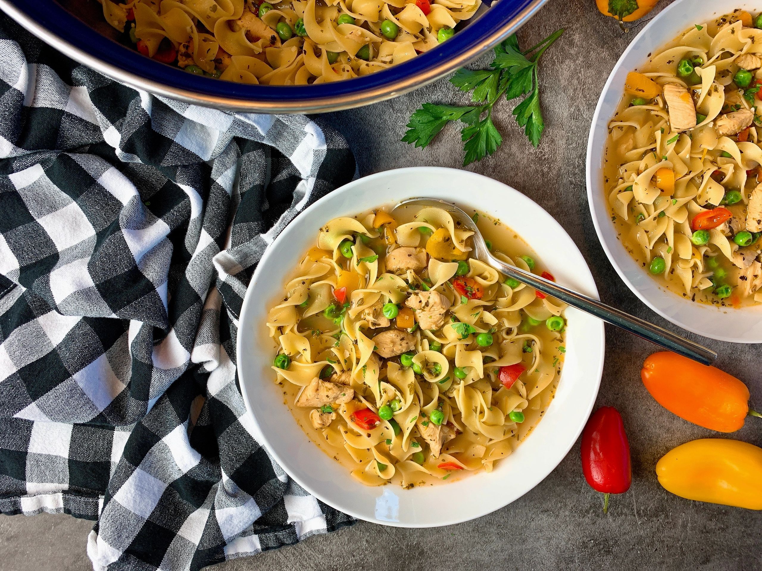 Chicken Noodle Soup with Peppers and Peas