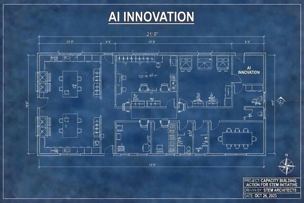 Blueprint of AI Innovation office layout with detailed room measurements.