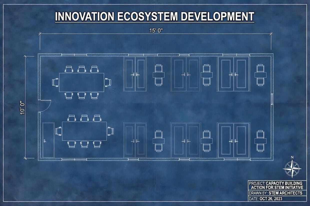 Blueprint of an innovation ecosystem workspace with tables and office cubicles.