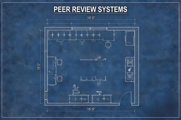 Blueprint of a peer review system layout measuring 15 by 15 feet.