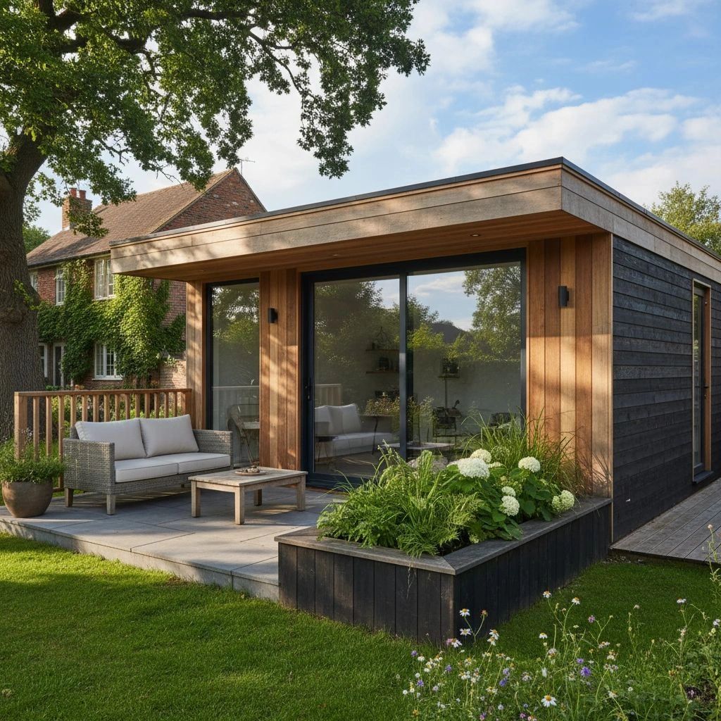 Modern garden room with wooden cladding and outdoor seating area.