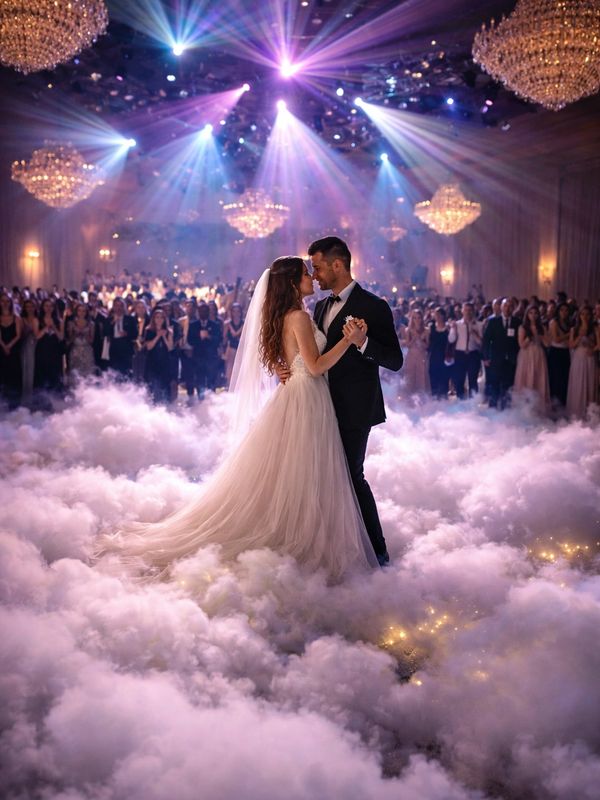 Bride and groom share a magical first dance surrounded by fog and lights.