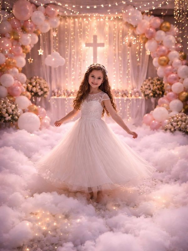 A young girl in a white dress stands on clouds with a glowing cross and balloon arch behind her.