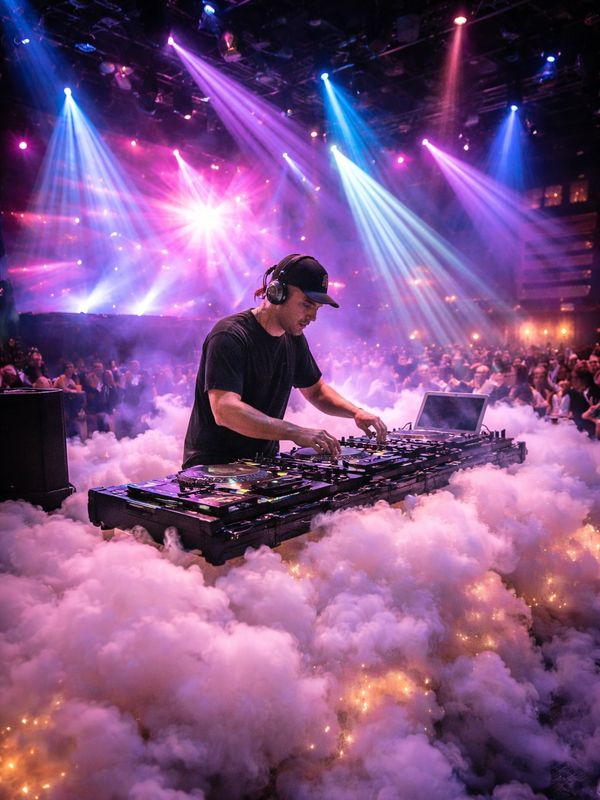 DJ performing on stage surrounded by colorful lights and smoke effects.