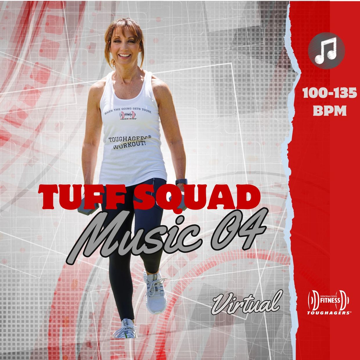 Smiling woman in workout gear promoting Tuff Squad Music 04 virtual fitness mix at 100-135 BPM.