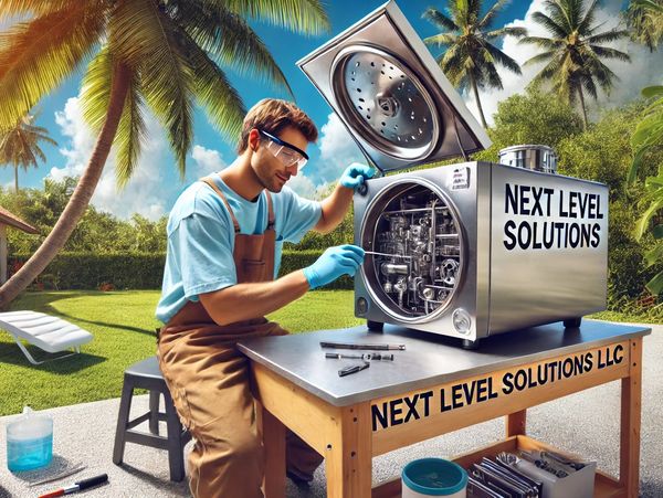 Technician repairing a high-tech machine outdoors under palm trees.