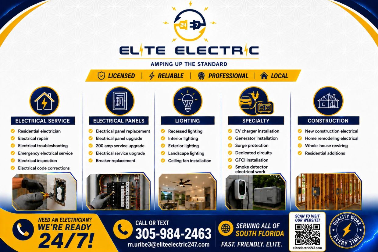 Elite Electric offers licensed, reliable, professional electrical services in South Florida 24/7.