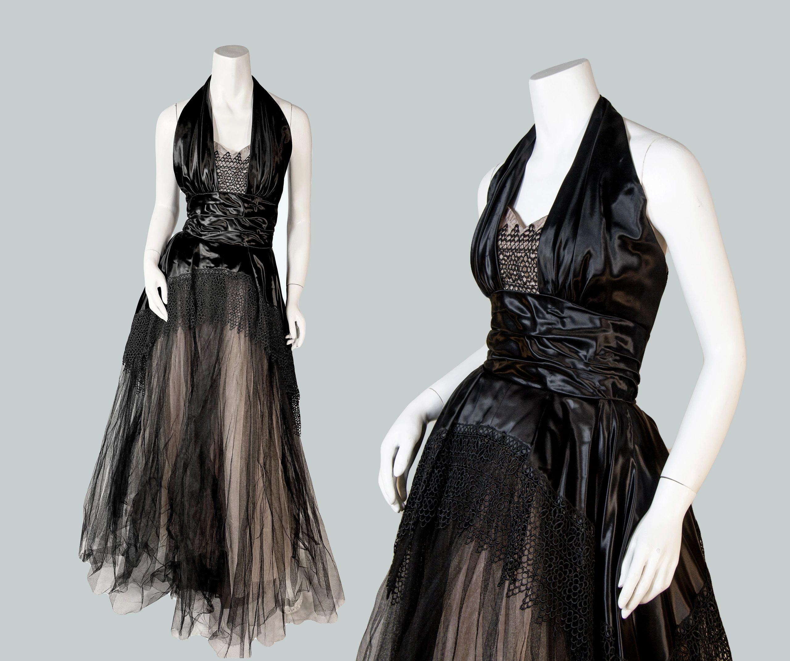 formal old hollywood dresses Late 1940s Black Satin, Lace & Tulle Evening Gown | Glamour week362023