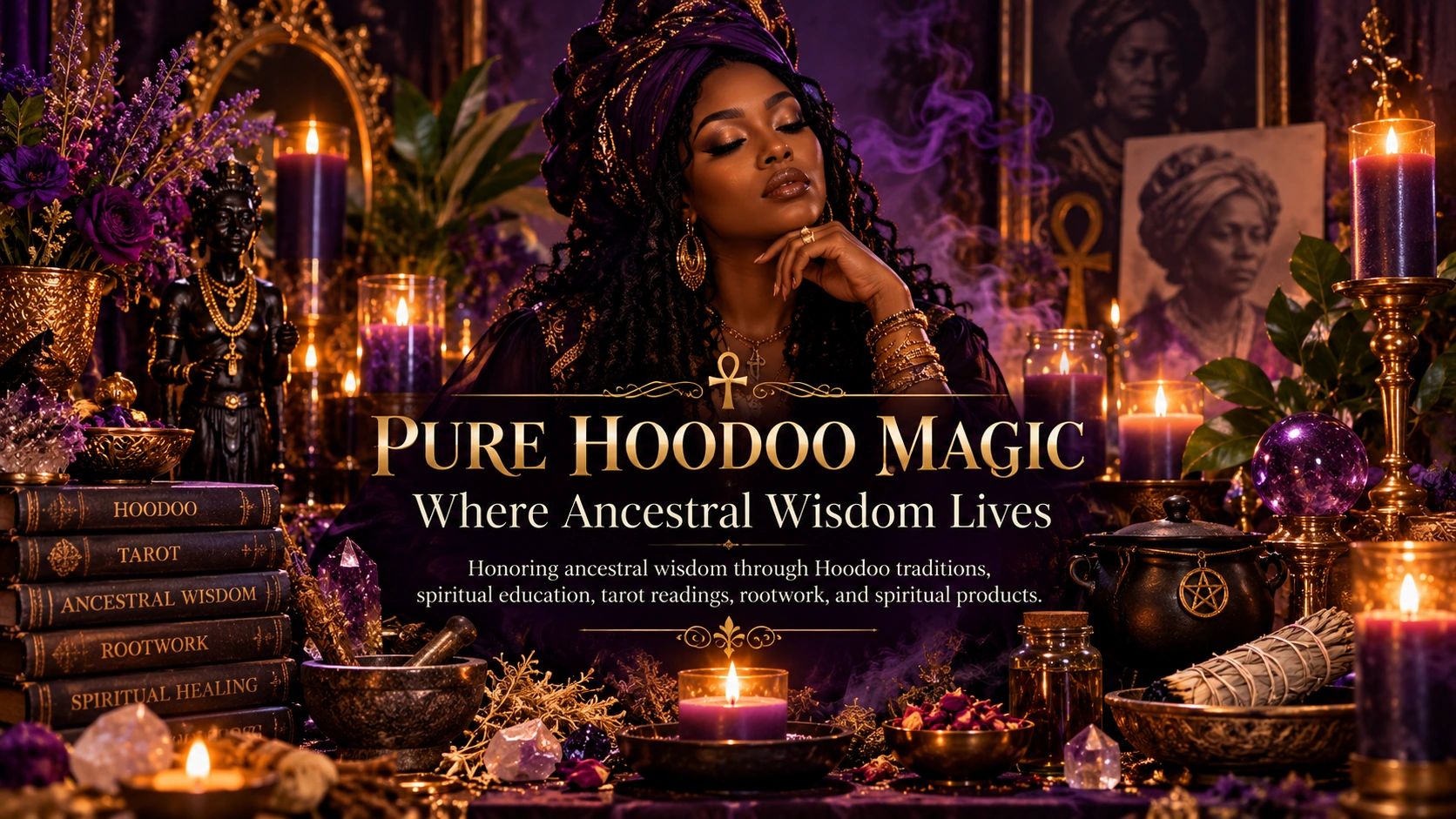 Black Hoodoo priestess surrounded by purple and gold candles, honoring ancestral wisdom.