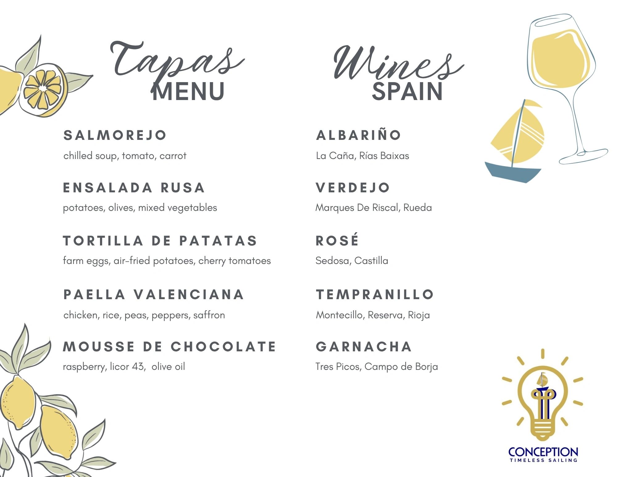 Spanish tapas menu with wine list, decorated with lemons and sailing motifs.