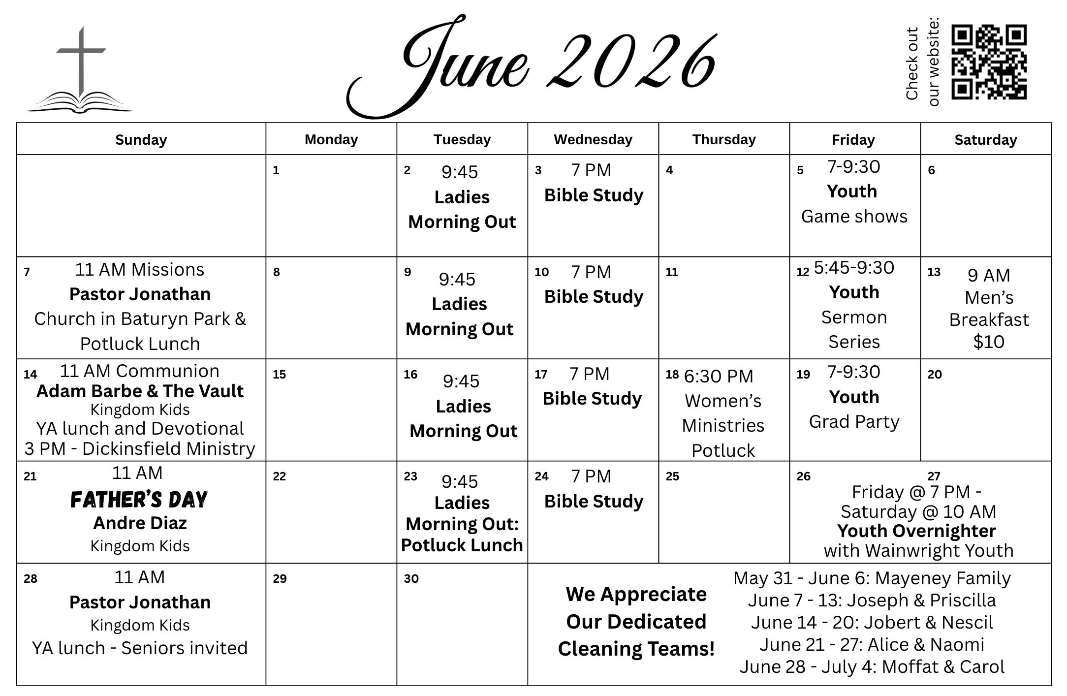 June 2026 church calendar with Bible study, youth events, and special services.