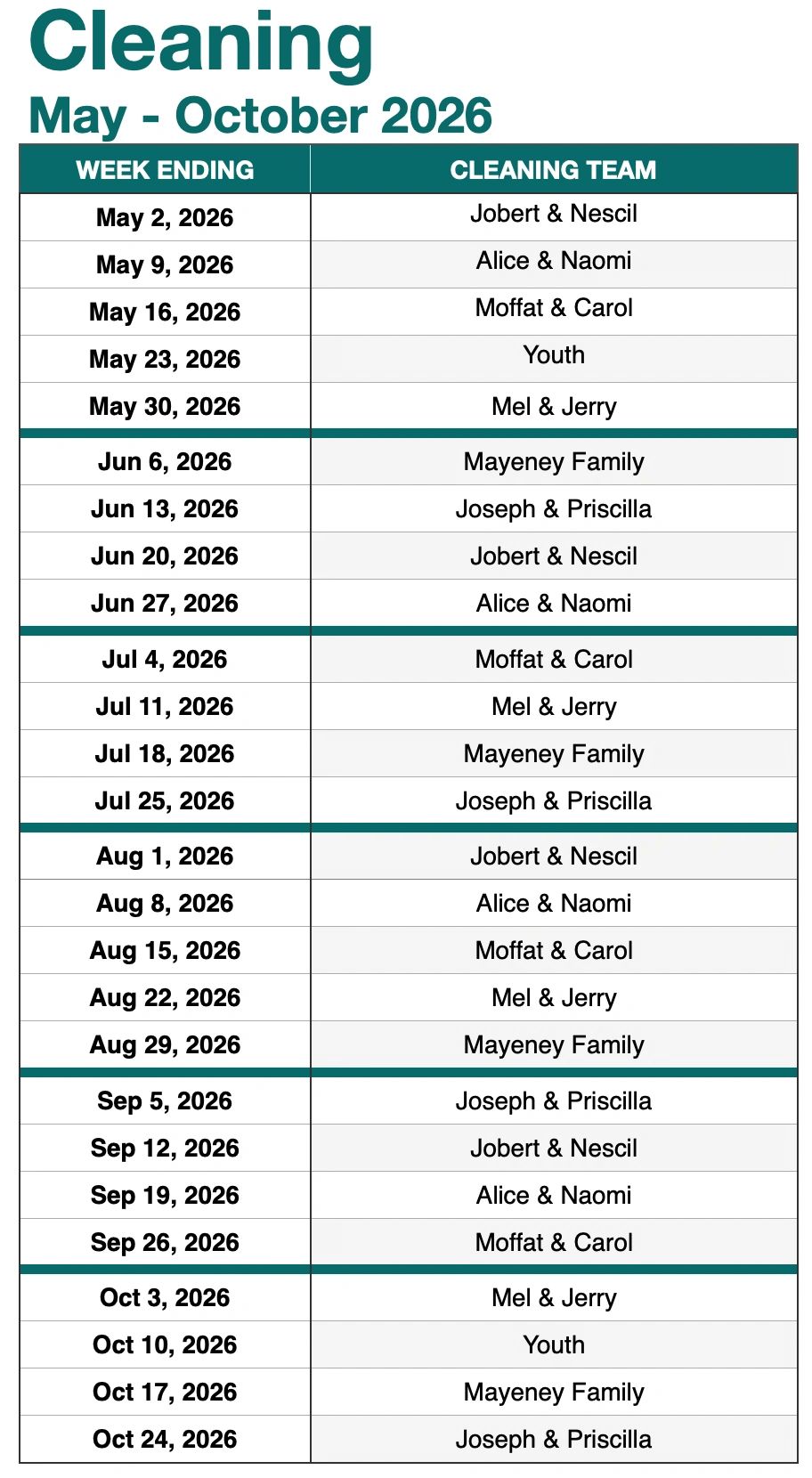 Cleaning schedule from May to October 2026 showing weekly cleaning teams assigned.