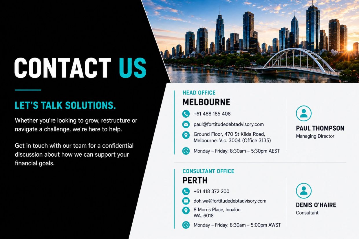 Contact information for Fortitude Debt Advisory in Melbourne and Perth offices.