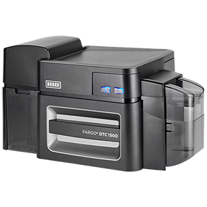 A black HID Fargo DTC1500 card printer with a sleek design.
